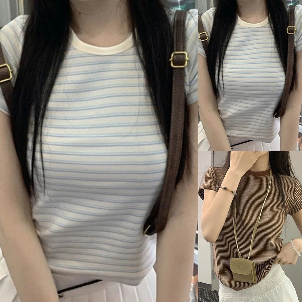 Women's Striped Short Sleeve Round Neck Tee Top For Summer Casual Wear