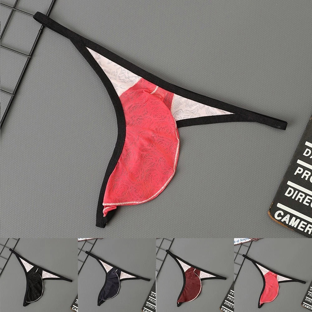 Men Jacquard Mesh Sheer Low Rise Underwear Thongs Stretch With U