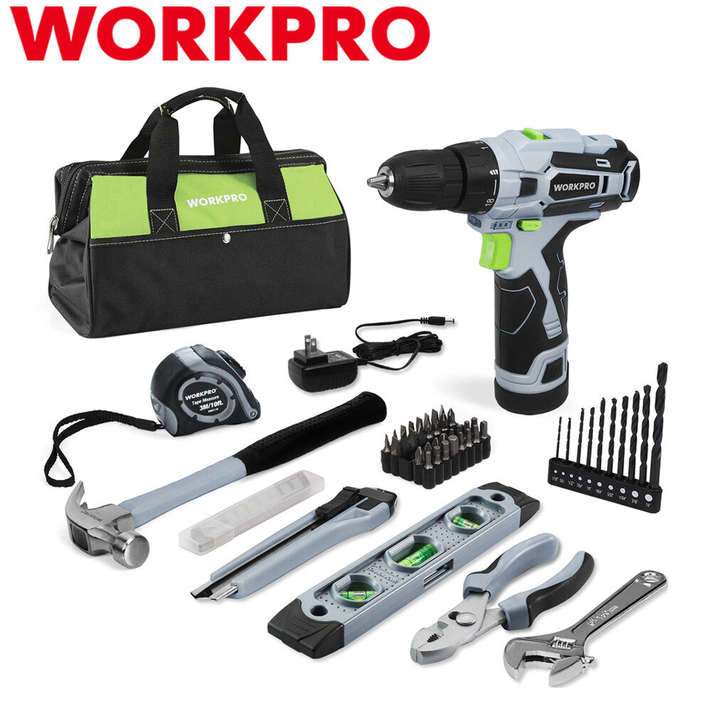 WORKPRO 12V Cordless Drill Driver Home Tool Kit Hand Tool 14" Bag 61PC