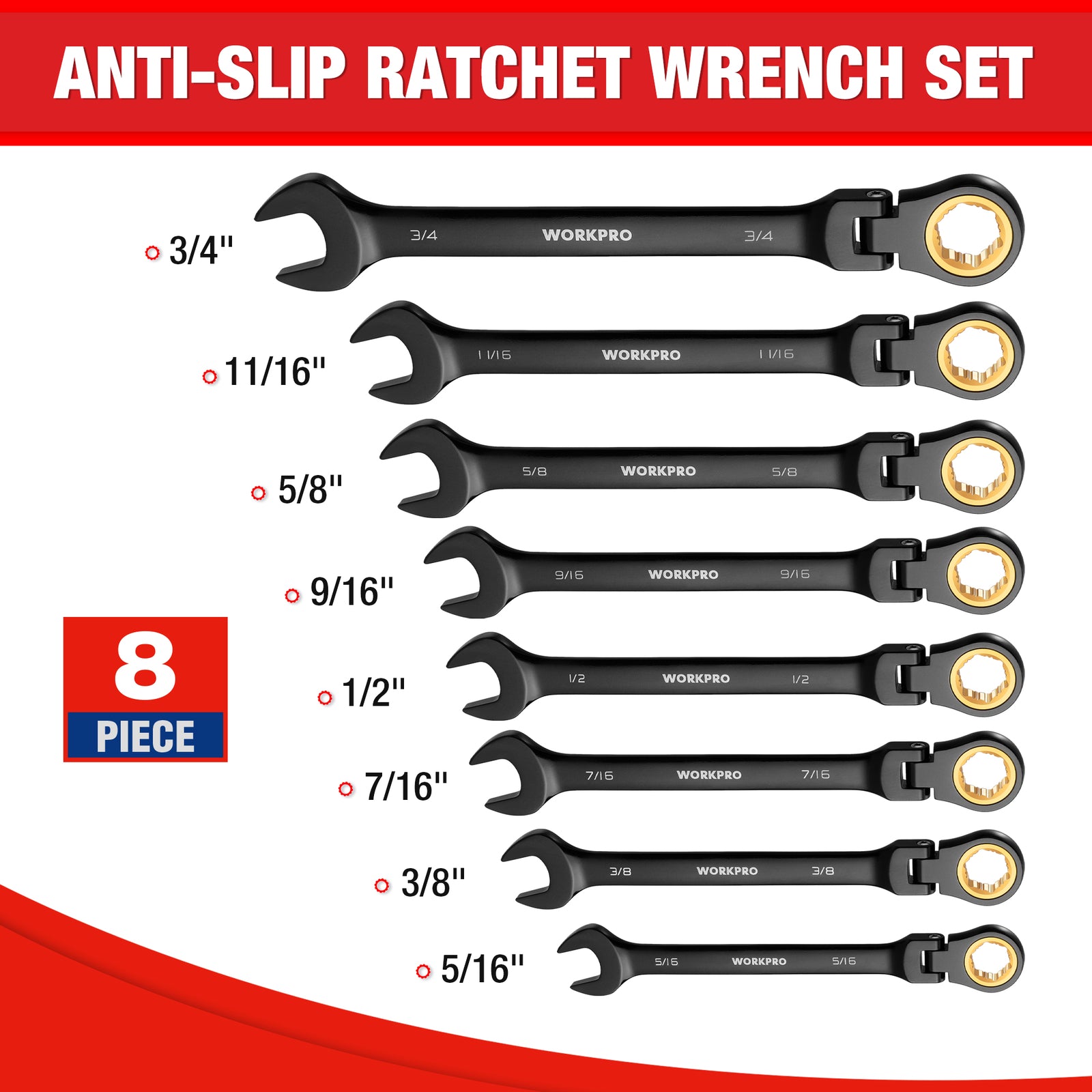 8-Piece Flex Head Ratcheting Wrench Set