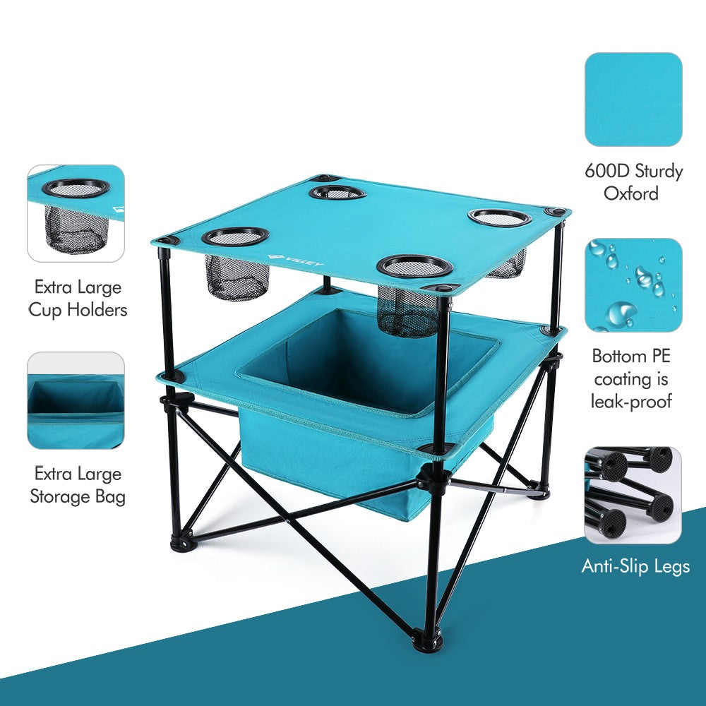 VILLEY Portable Camping Picnic Table 4 Cup Holders Folding Beach Table