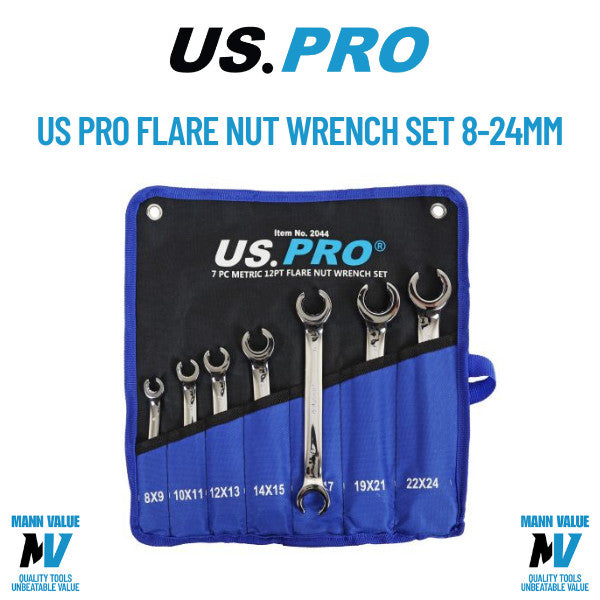 US Pro Tools 7pc 12 Point Open Brake Flare Nut Spanners Wrench Set
