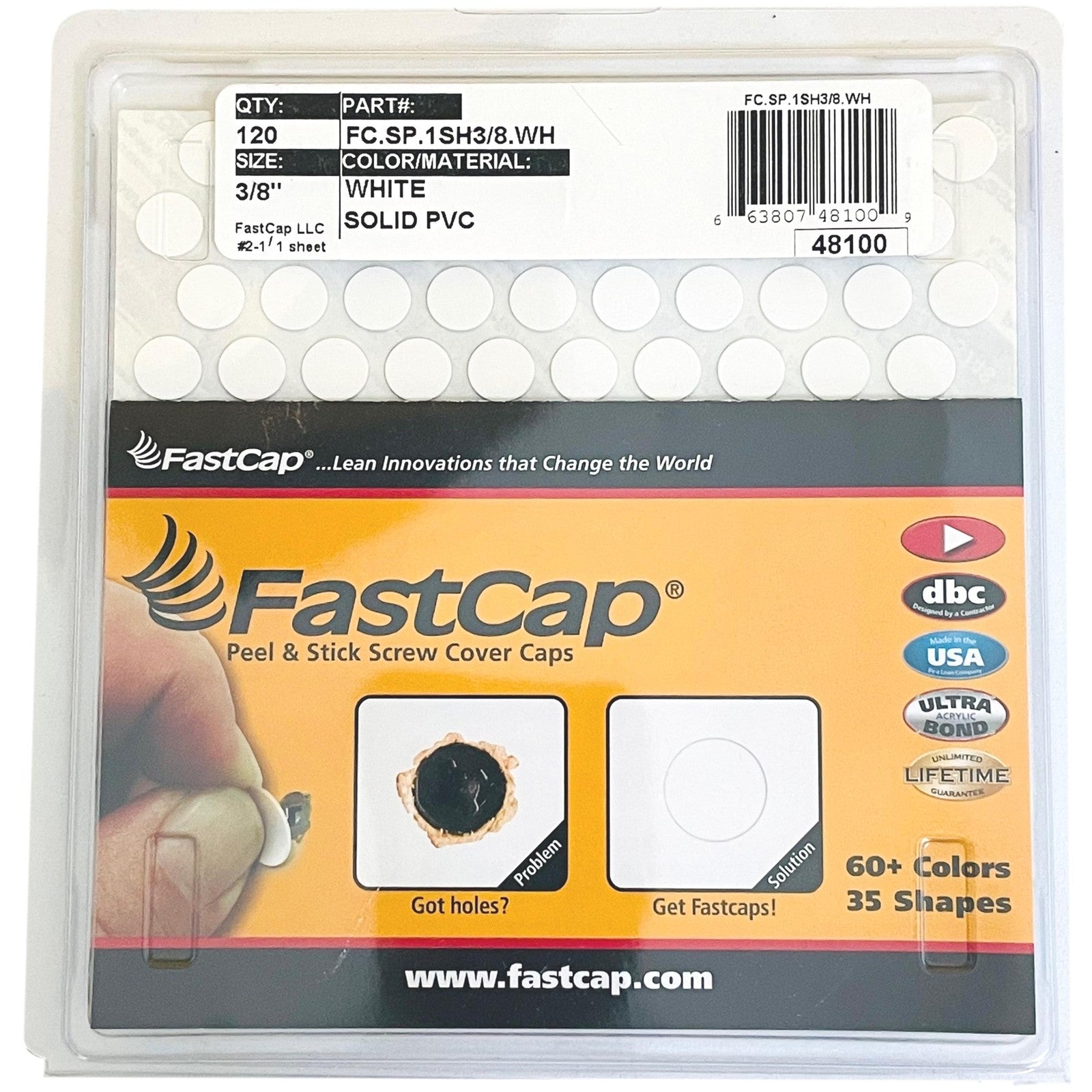 Fastcap Peel & Stick White Screw Cover Caps PVC 9mm (3/8") x 120
