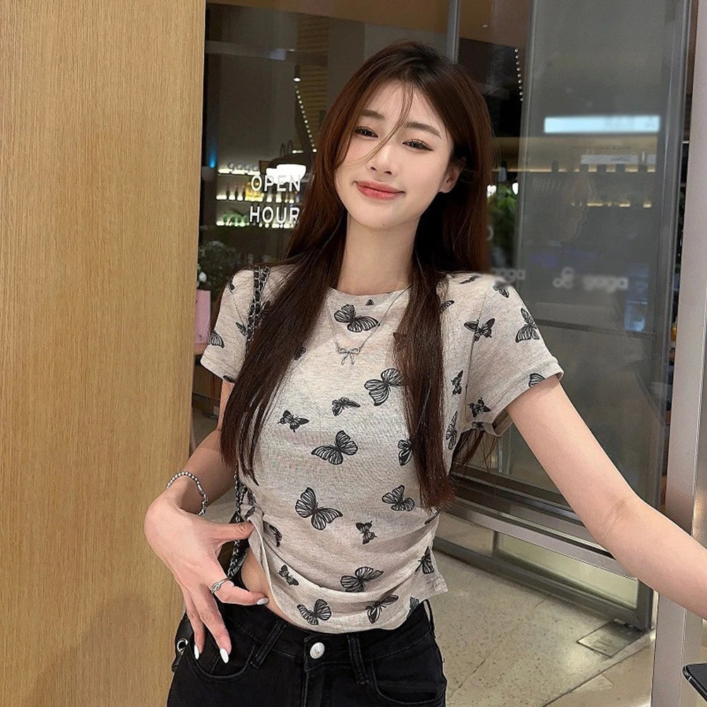 Butterfly Print Women's Regular Length Short Sleeve Top Pleated Round