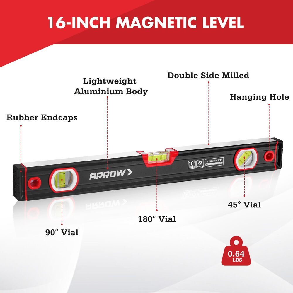 ARROW 16-Inch Level, Magnetic Torpedo Level with 45°/90°/180° Bubbles Aluminum