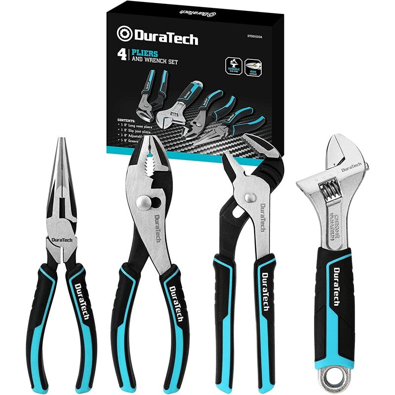 DURATECH 4PCS 8" Long Nose, Slip Joint, Groove Joint Pliers & Adjustable Wrench