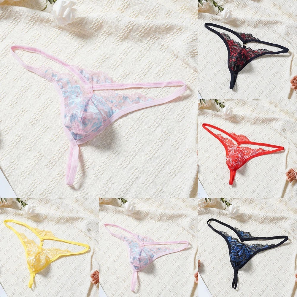 Lace Mesh Men's Thong Underwear With Bulge Pouch And Print Pattern