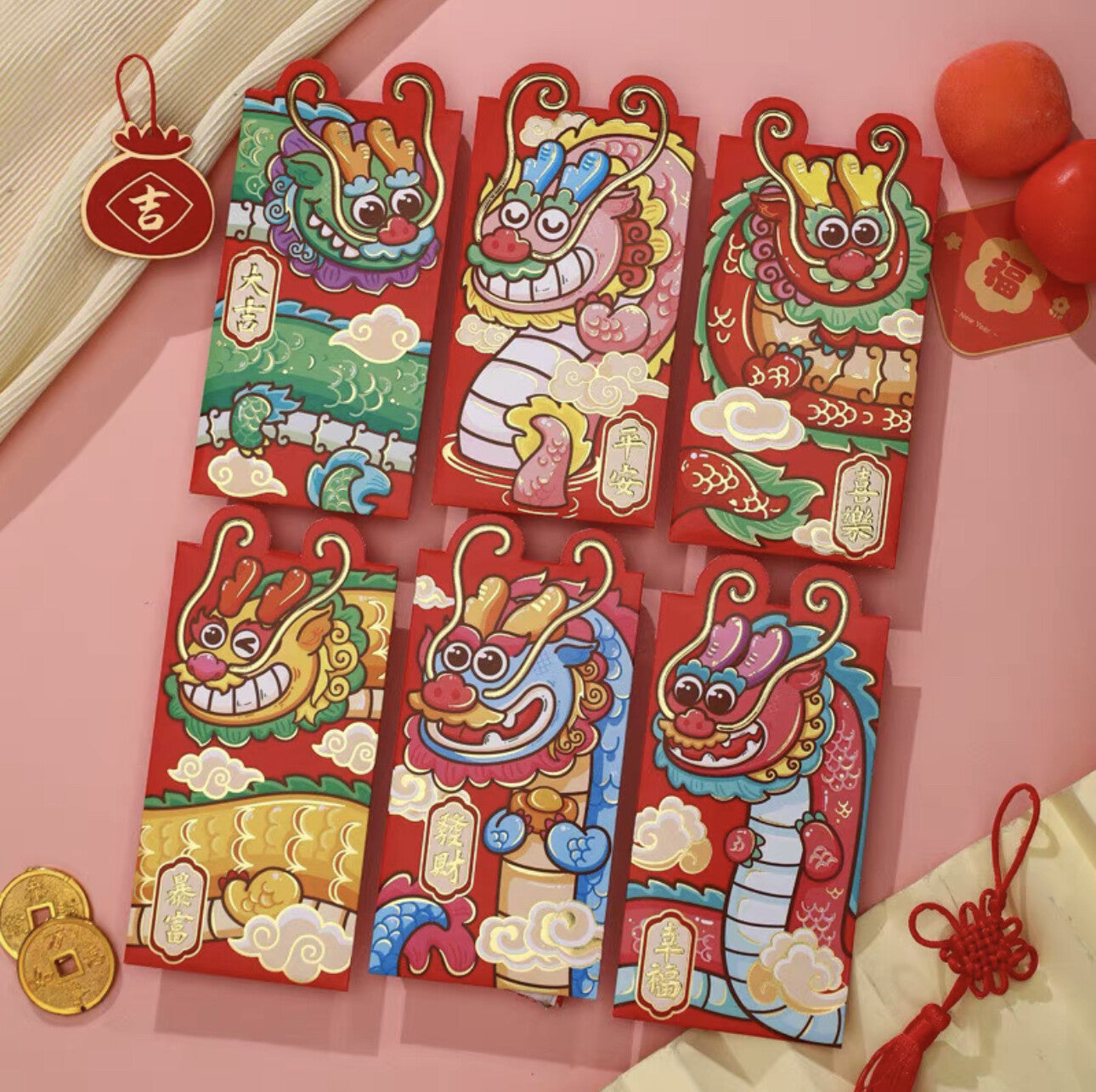 Set of 6pcs Chinese New Year of Dragon Red Envelope Lucky Money Bags