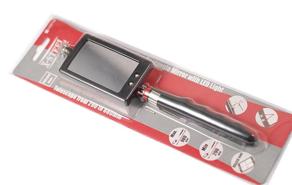 Telescoping Inspection Mirror 50x80mm Square 295-885mmL LED Light with Battery