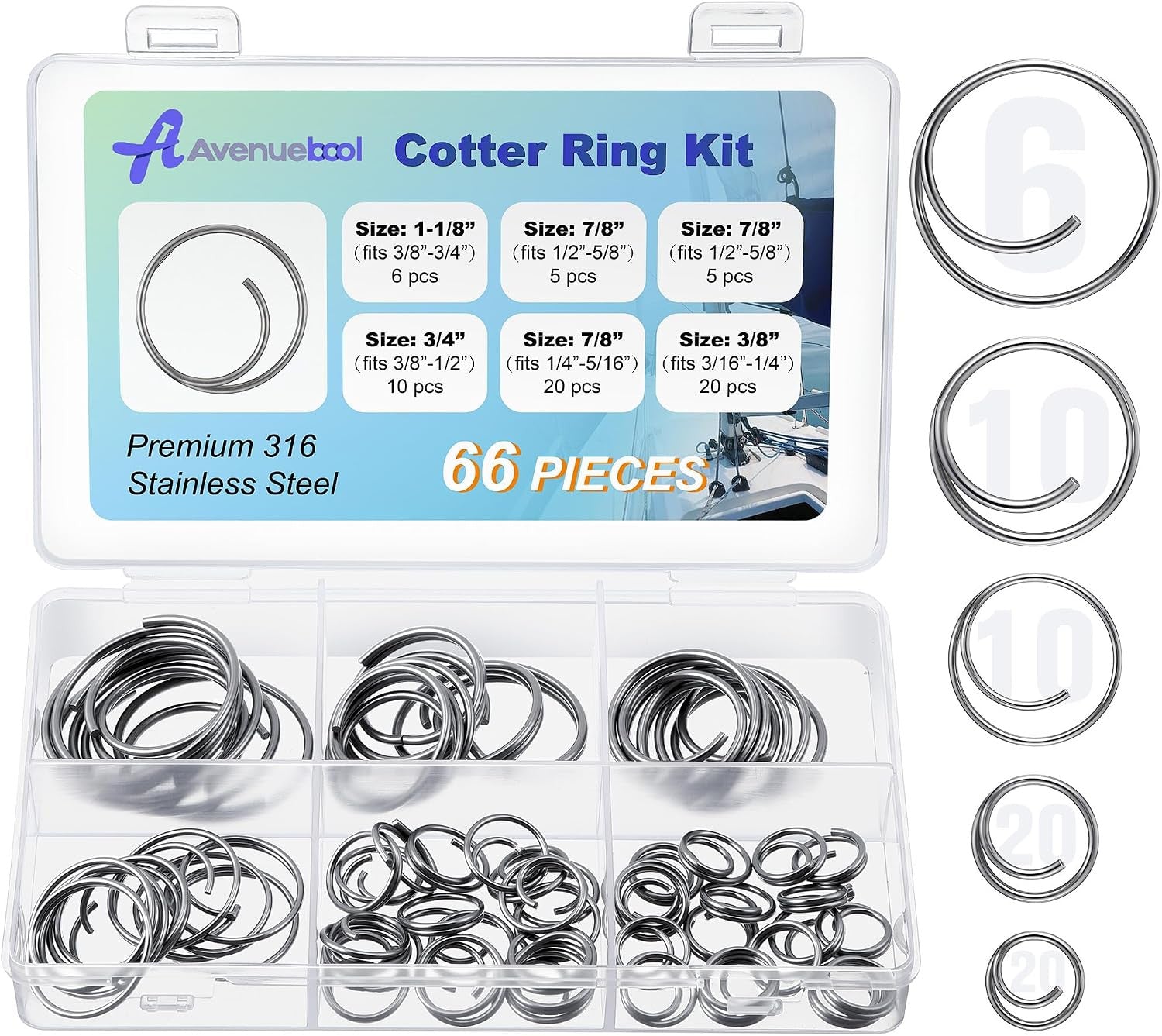 66 Pcs 5 Sizes Stainless Steel Cotter Ring Kit, Durable 316 Stainless