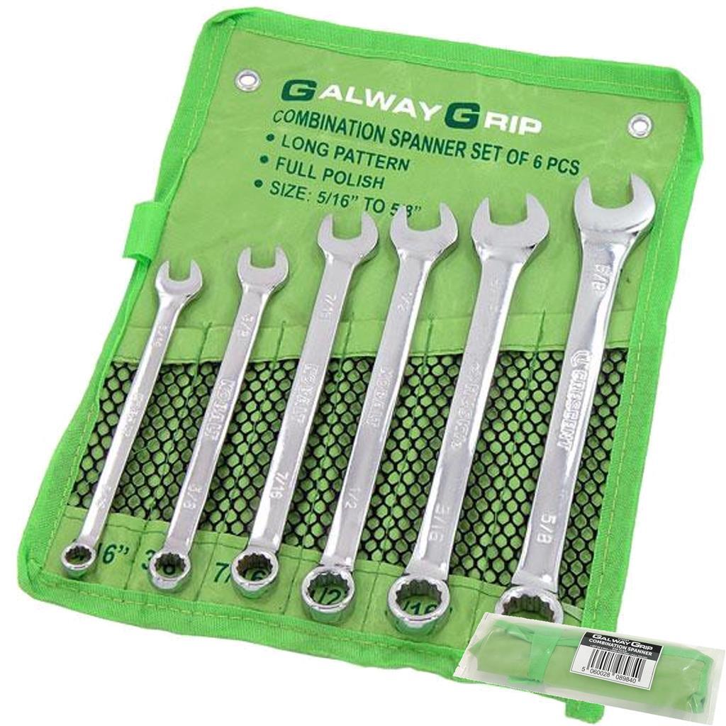 Galway Grip 6pc Long Fully Polished Imperial Combination Spanner Set by Galway Grip
