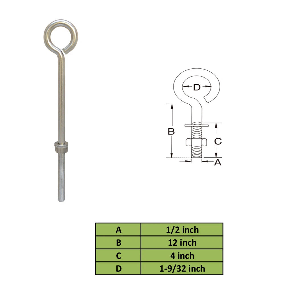 Forge Style Stainless Steel 1/2 X 12" Turned Eye Bolt 250 Lbs Working