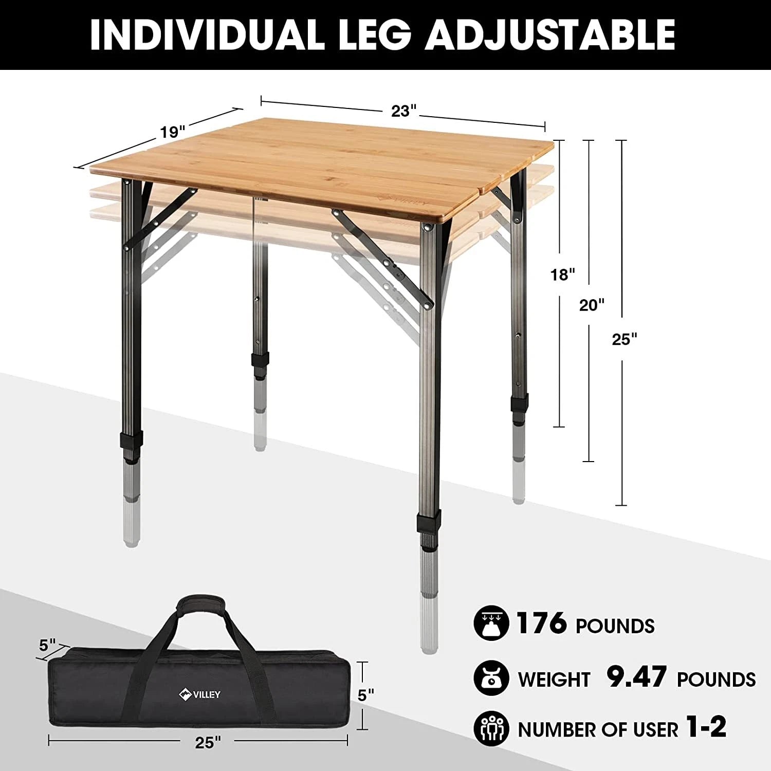 Portable Heavy Duty Adjustable Height Bamboo Folding Table Camping Table 176 lbs
