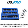 Us Pro Tools 1/4" Dr 38mm Mixed Bit Socket Set Star Hex Spline Sl Ph