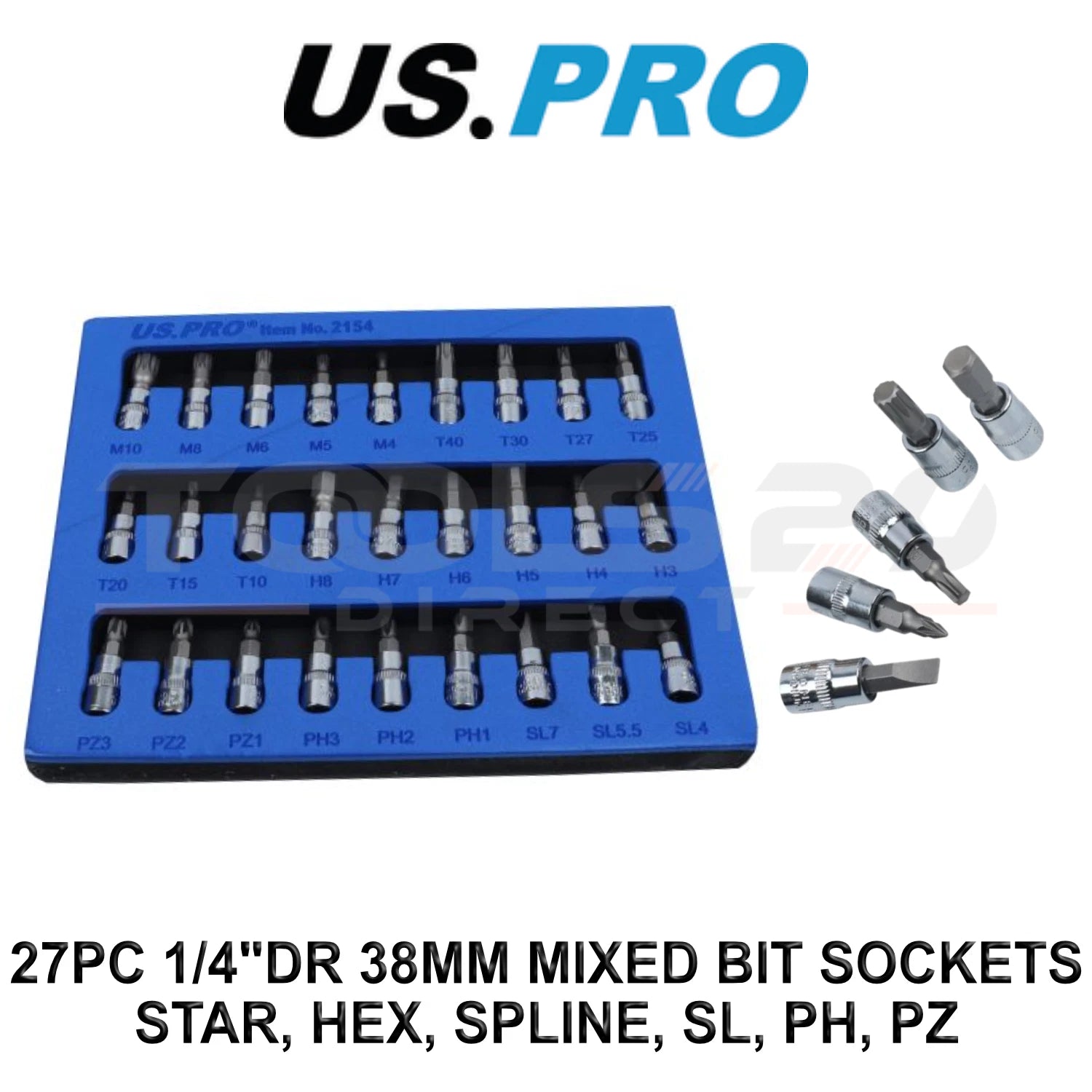 Us Pro Tools 1/4" Dr 38mm Mixed Bit Socket Set Star Hex Spline Sl Ph