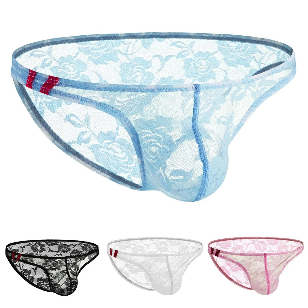 Mens Flower Lace Transparent Low Rise Briefs With Pouch For Daily Wear