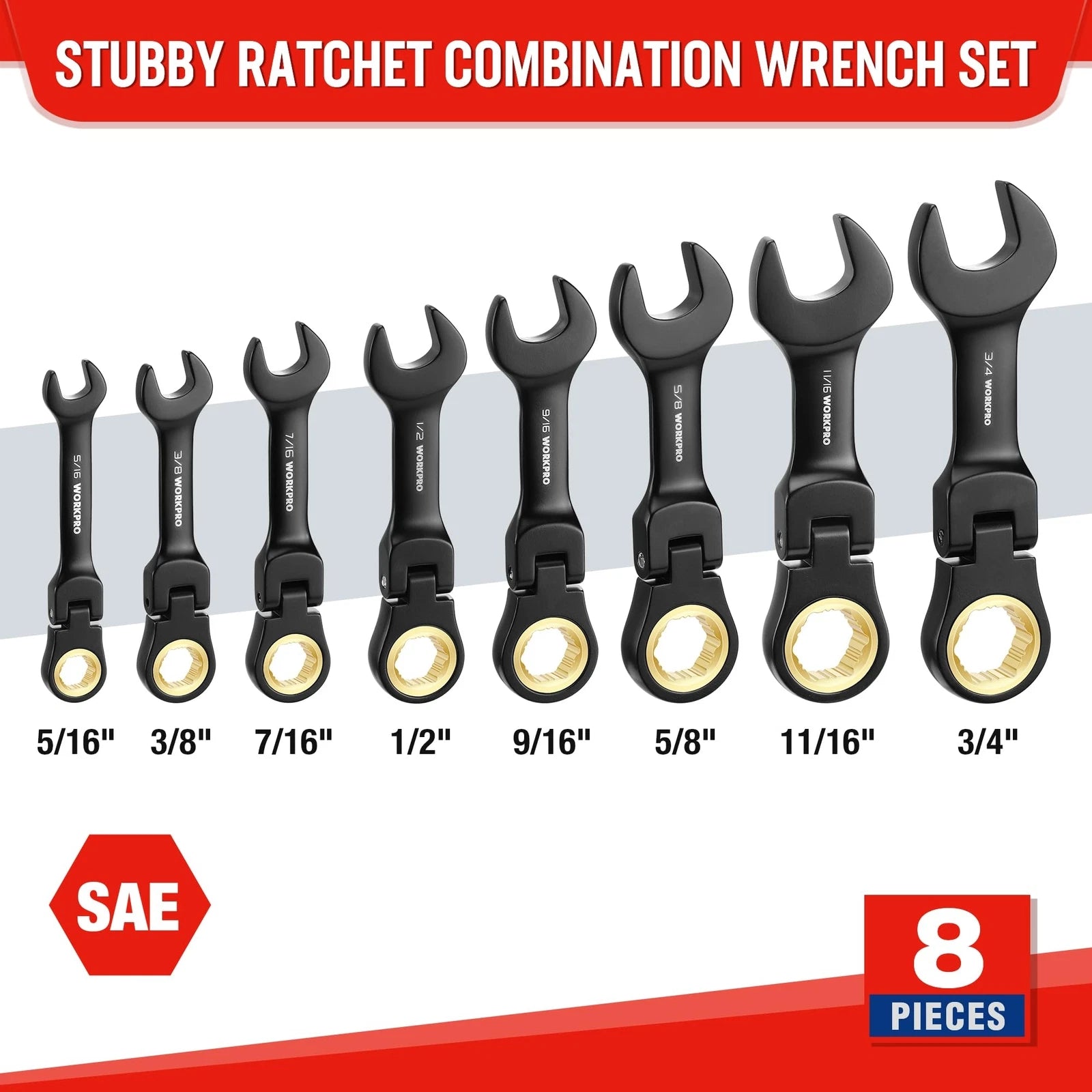 Workpro 8-piece Stubby Anti-slip Ratcheting Combination Wrench Set