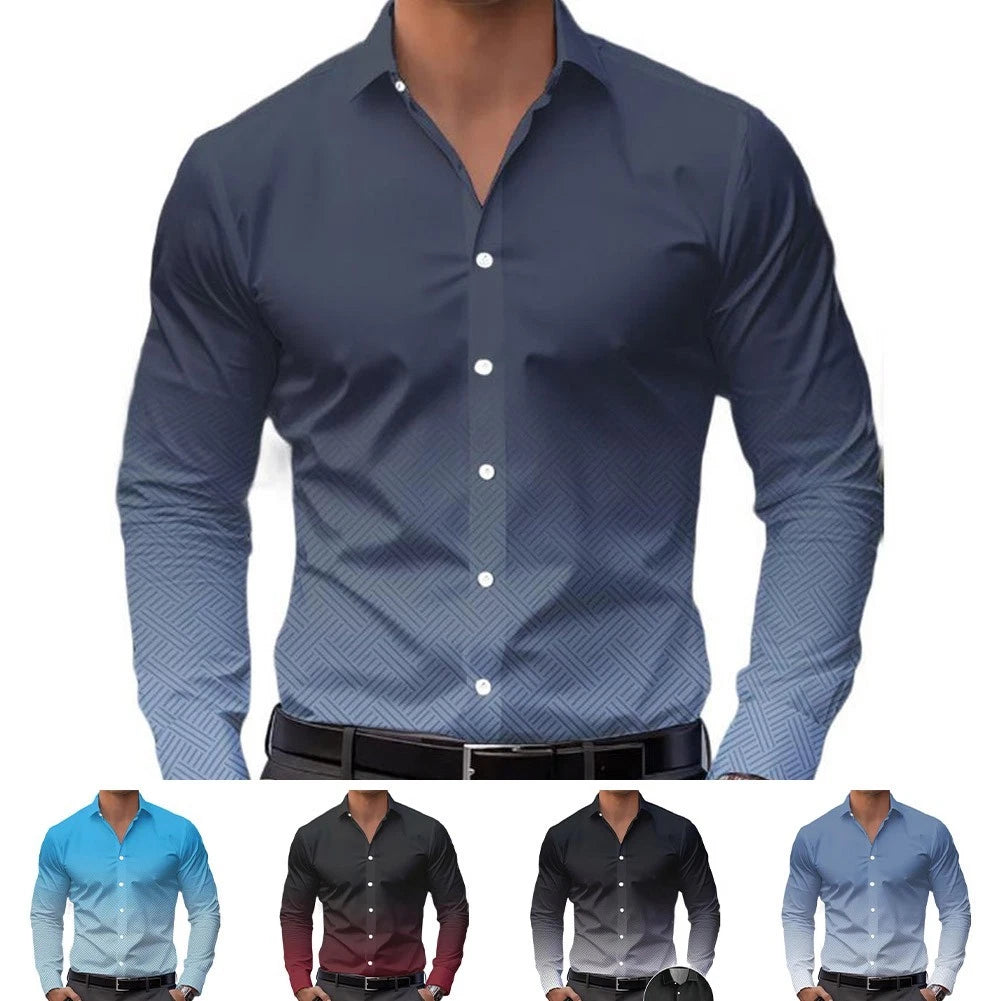 Mens Long Sleeve Shirt Casual Gradient Color Buttoned Collar Light