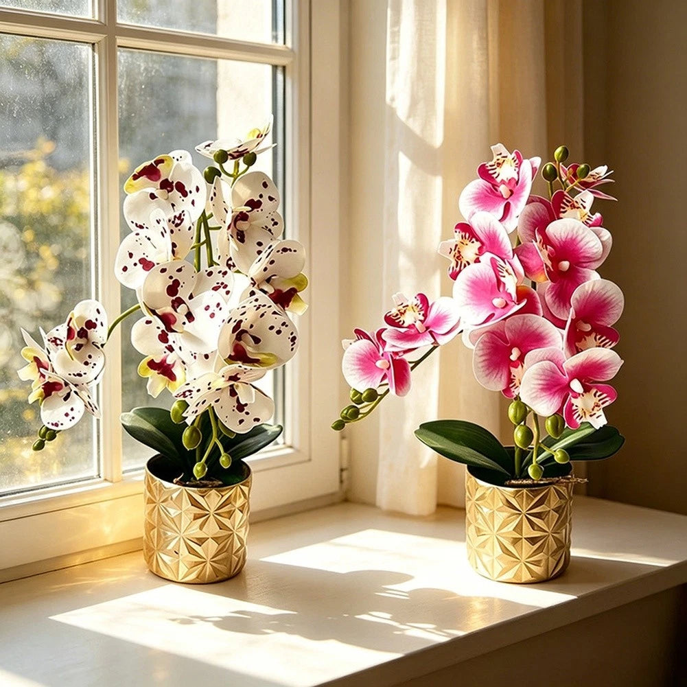 12-bloom Artificial Phalaenopsis Orchid In Golden Pot For Home Office