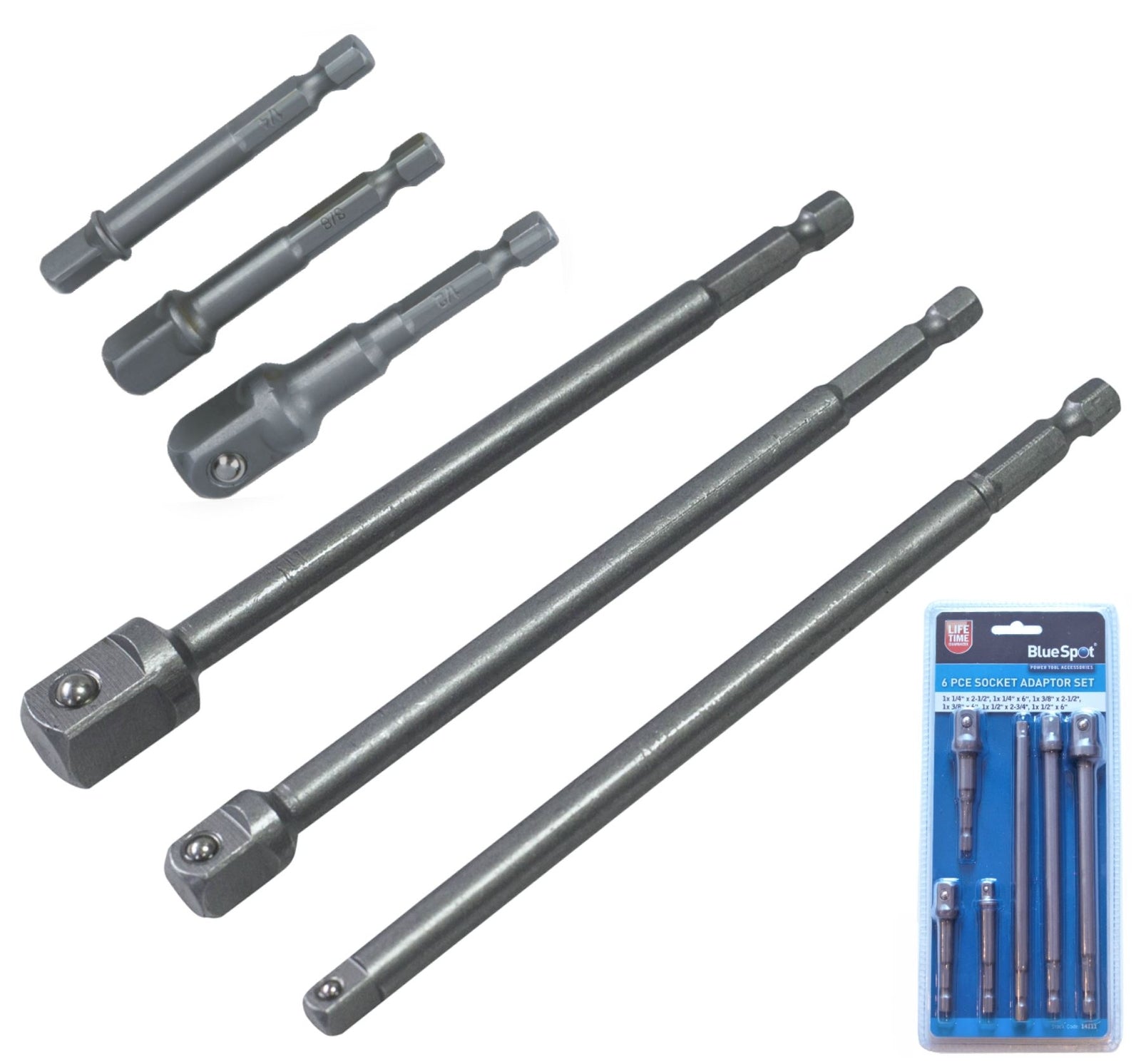 BlueSpot 6pc Impact Drill Bit Socket Adapter Set Extension Bar 1/4" 3/8" & 1/2"O