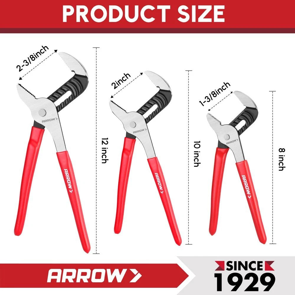 Arrow 3-piece 8" 10" 12" Groove Joint Plier Sets Adjustable Water