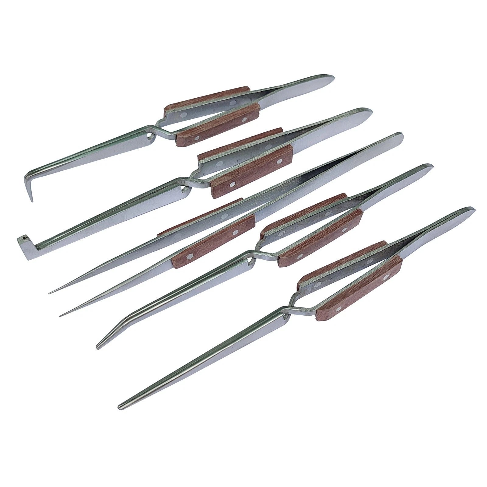 5 Tweezers Jewelry Soldering Fiber Grip Cross Locking Set Bent &