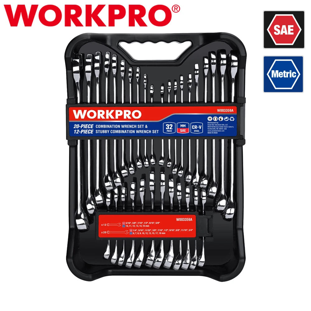 WORKPRO 32PC SAE&amp;Metric Combination Wrench Set 12 PT Regular Wrenches set w/Tray