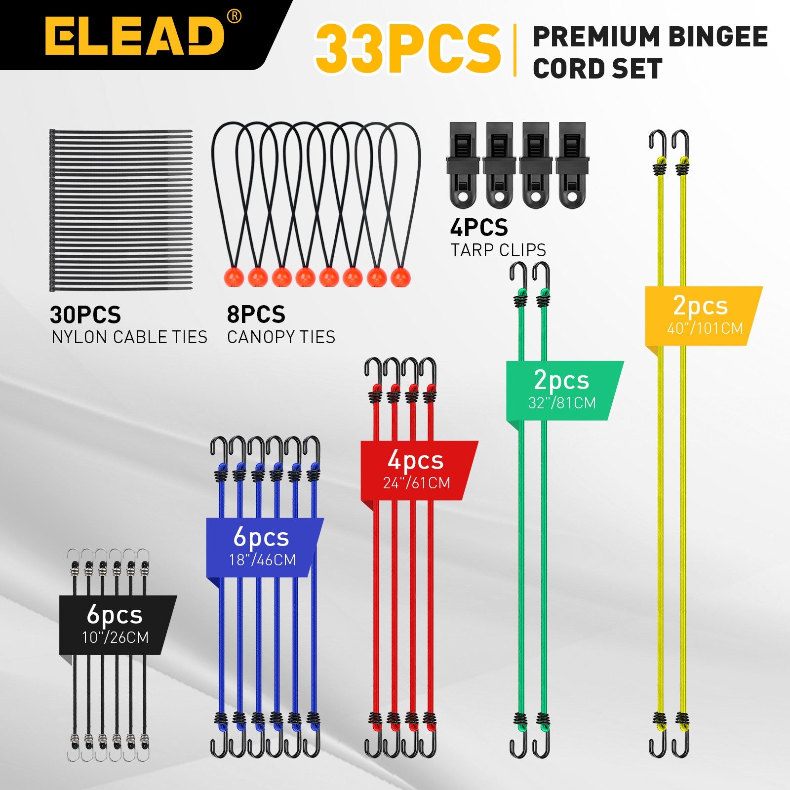 33PC Bungee Cords Set 10" 18" 24" 32" 40" Cable Ties Canopy Tarp Ball
