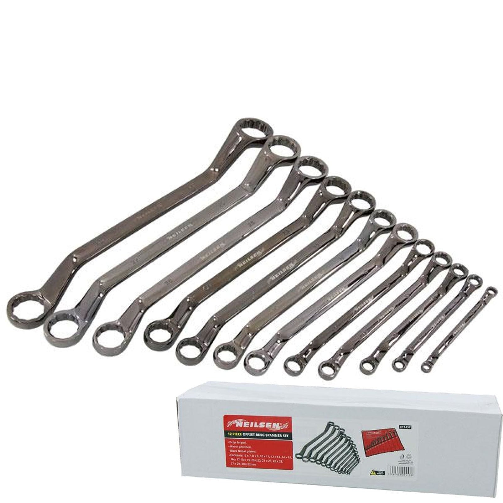 Neilsen 12pc Black Nickel Double Offset Ring Spanner Set by Neilsen
