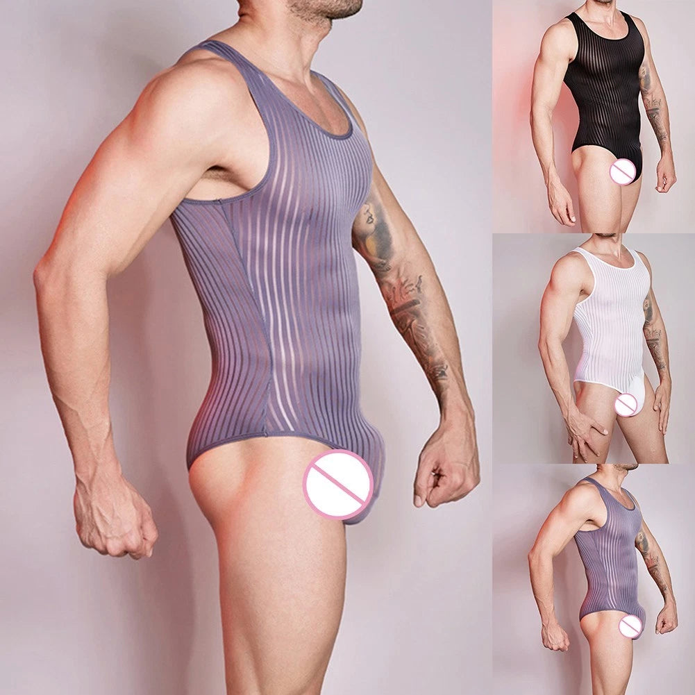 Men's Stretchy Thong Leotard Bodysuit With Stripe Pattern High