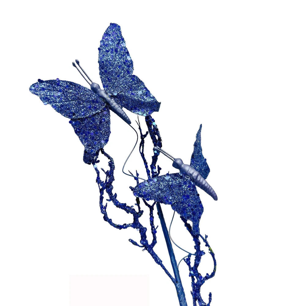 Blue Artificial 31" Glitter Butterflies Dead Twig Spray Floral Decor
