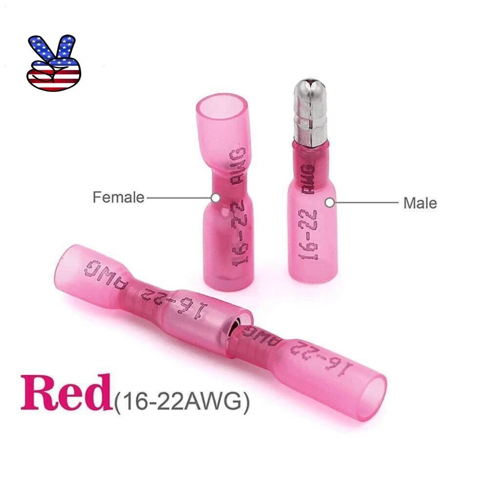 Us Red Heat Shrink Bullet Wire Connectors 22-16 Awg Female Male Crimp