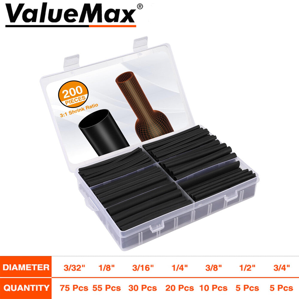 Valuemax 200PCS Heat Shrink Tubing Kit 3:1