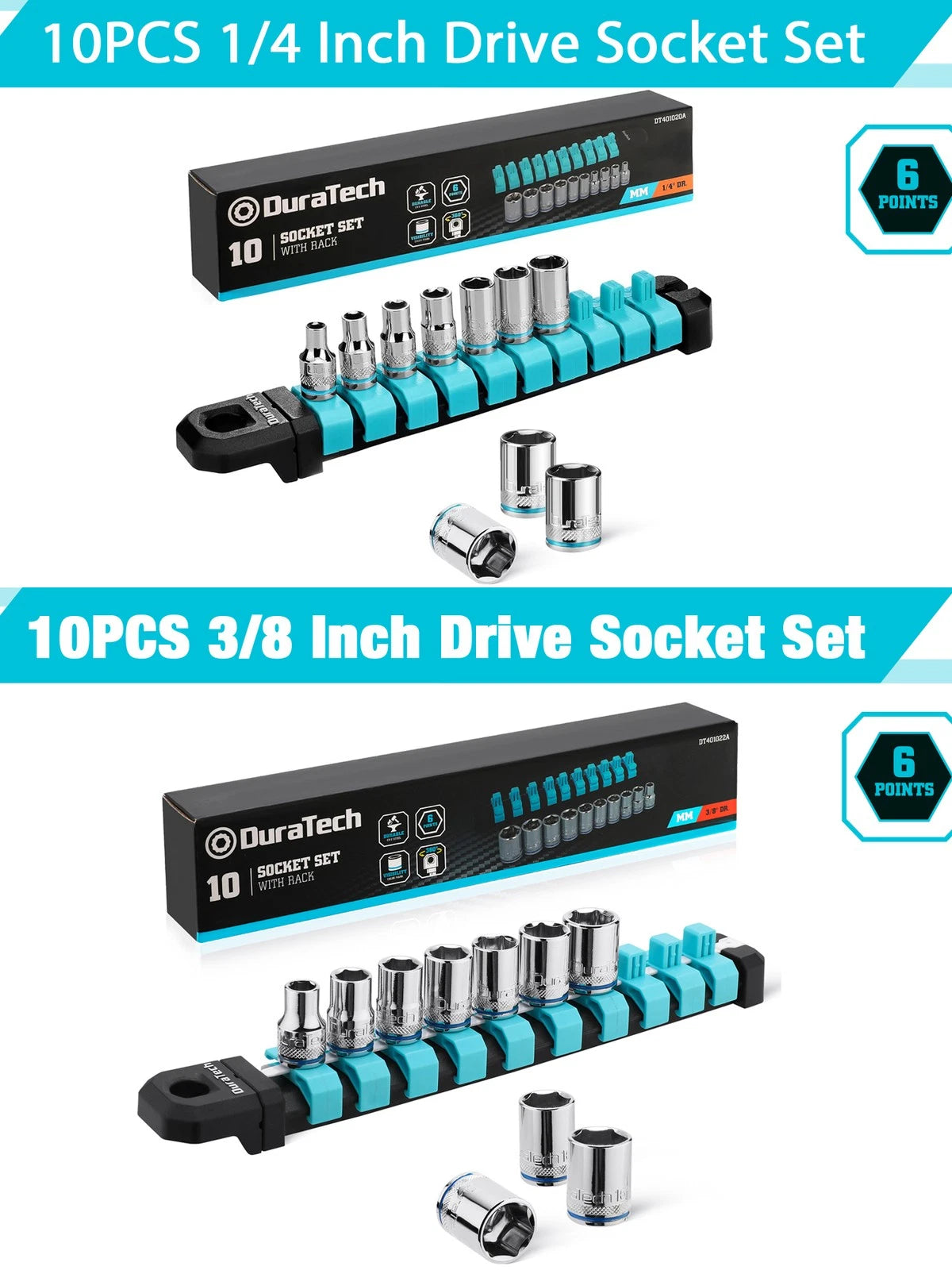 Duratech 1/4" 3/8" Drive Socket Set 6-point Shallow Socket Set Metric