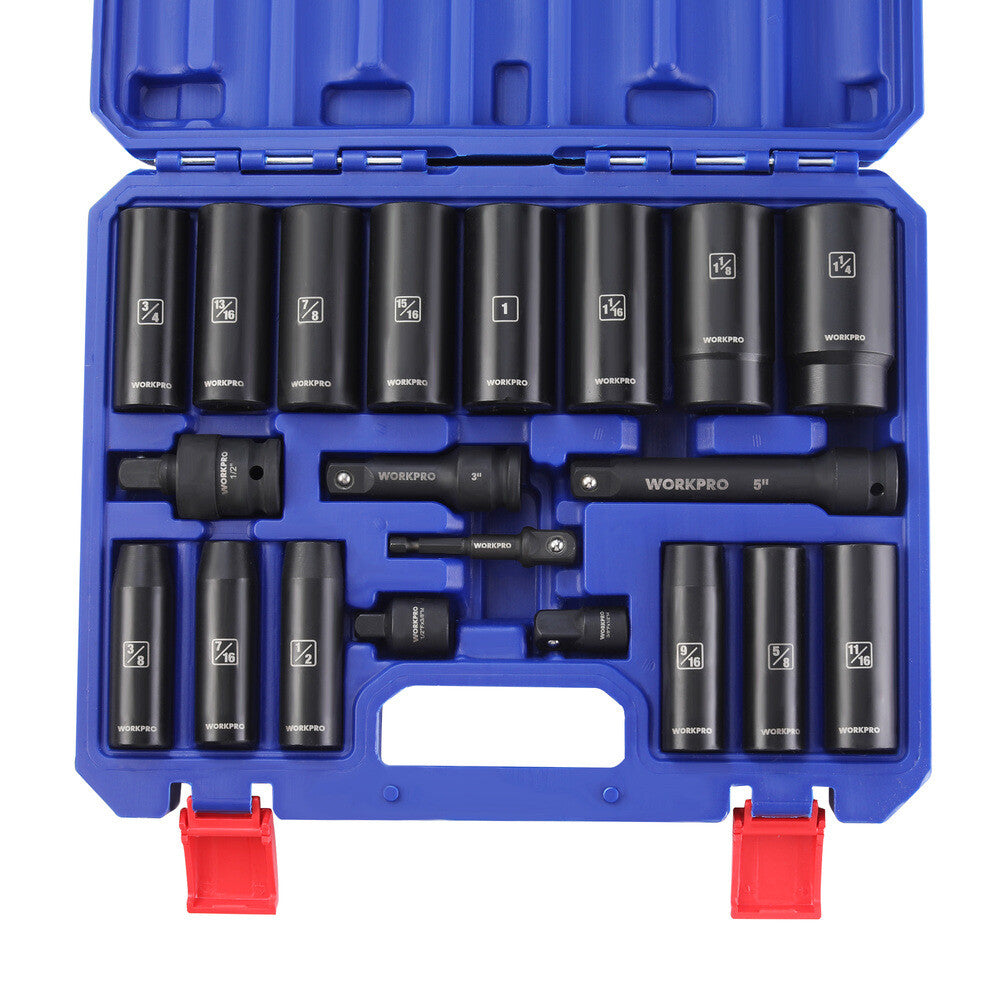 WORKPRO 20PC 1/2" Drive Deep Impact Socket Set 6-Point Adapter w/Box