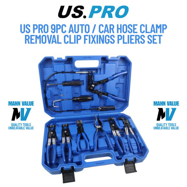 US Pro Tools 9pc Auto / Car Hose Clamp Removal Clip Fixings Pliers Set