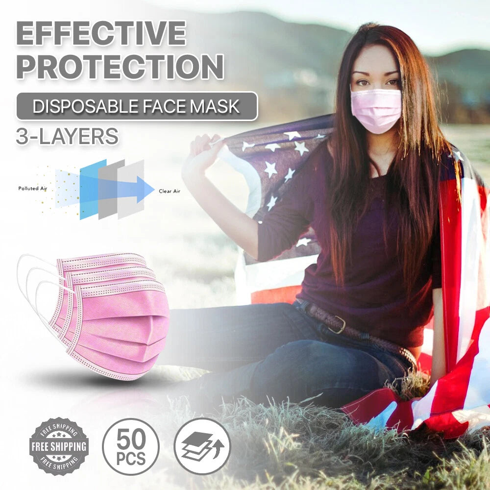 [Pink] 50/ 3-ply Disposable Face Masks Non-medical Surgical Earloop