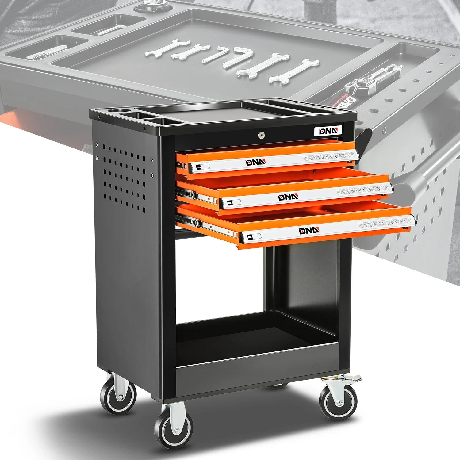 Orange 3 Drawer Rolling Tool Trolley Cabinet W/ Key | Built Supply Co