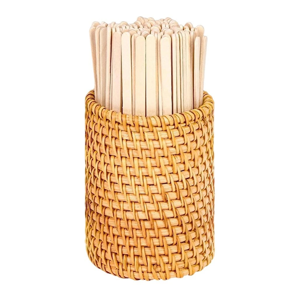 Natural Wooden Stirrer Set With Rattan Holder For Hot And Cold Drinks