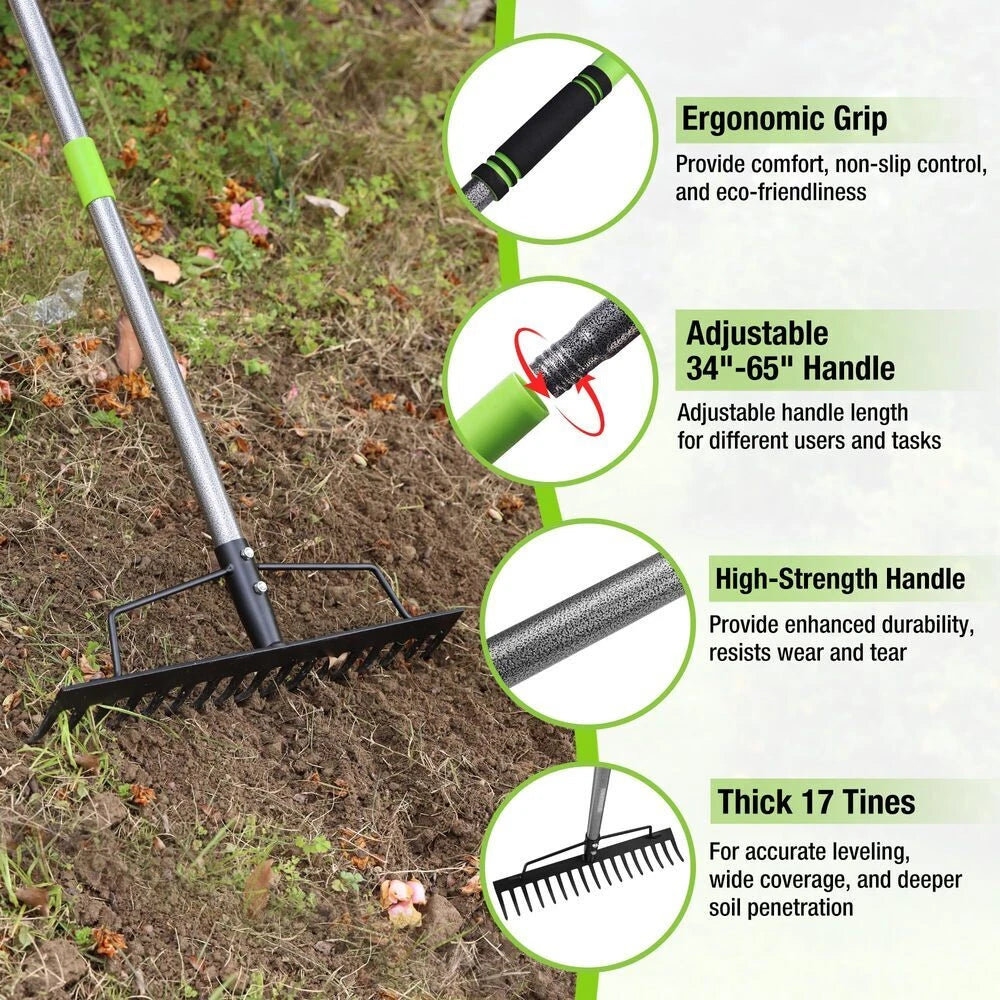 Workpro 65" Heavy Duty Bow Rake 17 Tines Metal Head Rakes Adjustable