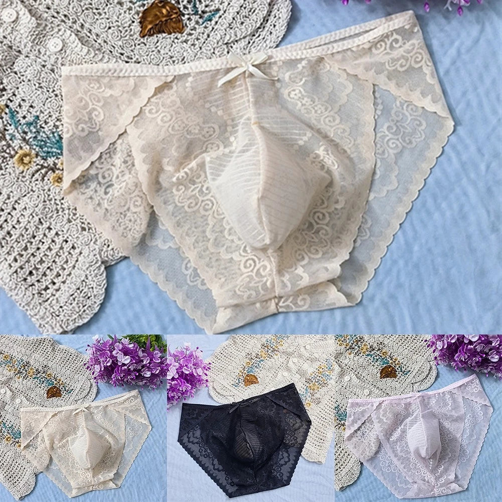 Mens Underwear Breathable Lace Underpants All Seasons Black Color