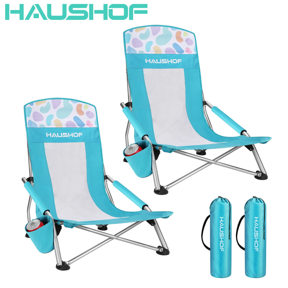 HAUSHOF 2-PCS High Back Beach Chair Mesh Back Folding Chair Low Seat