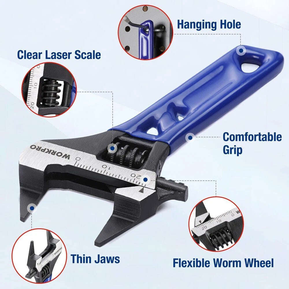 Workpro 4-inch Thin Jaws Stubby Wide Opening Adjustable Small Wrench