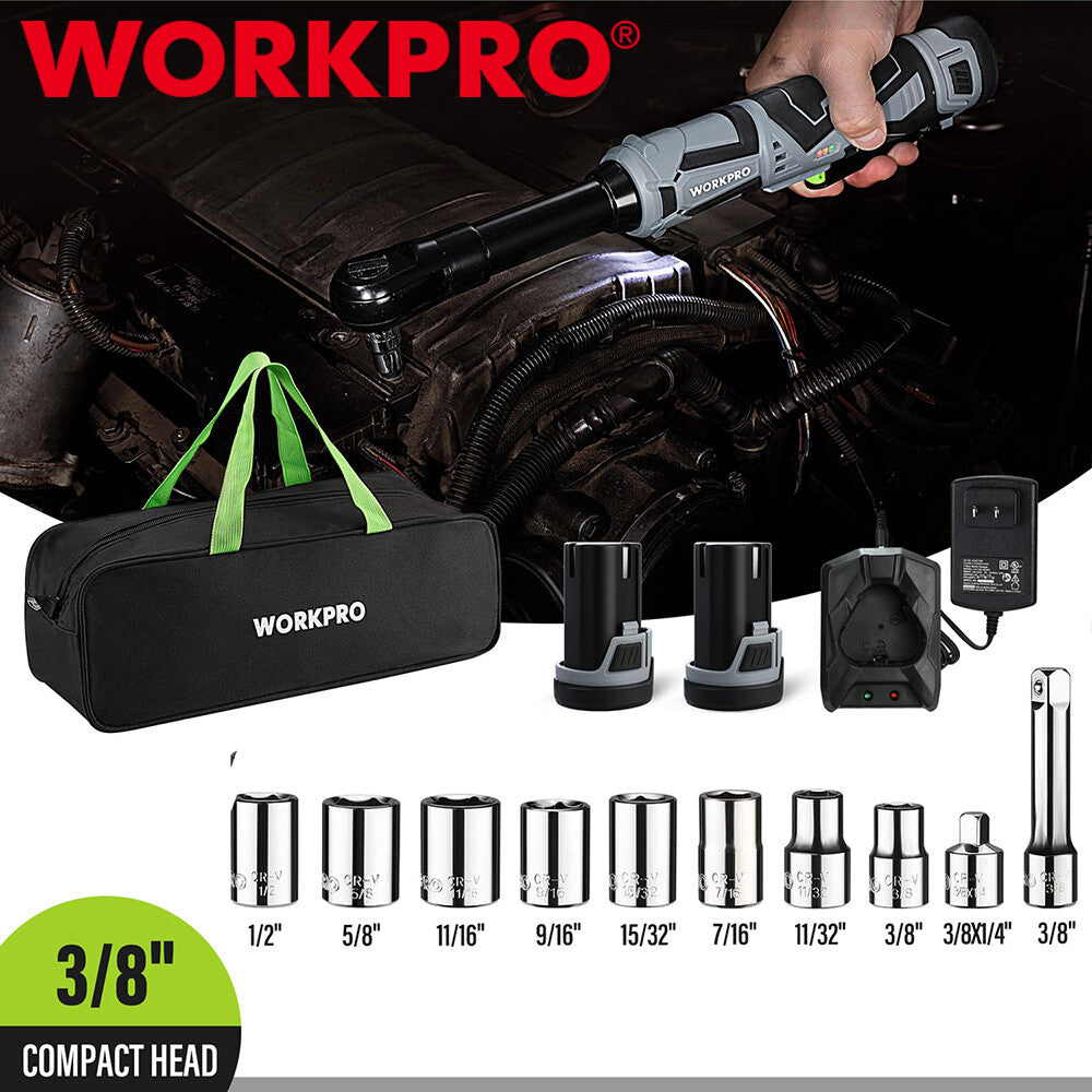 WORKPRO Cordless Electric Ratchet Wrench Extended Head 3/8" 40 Ft-lb