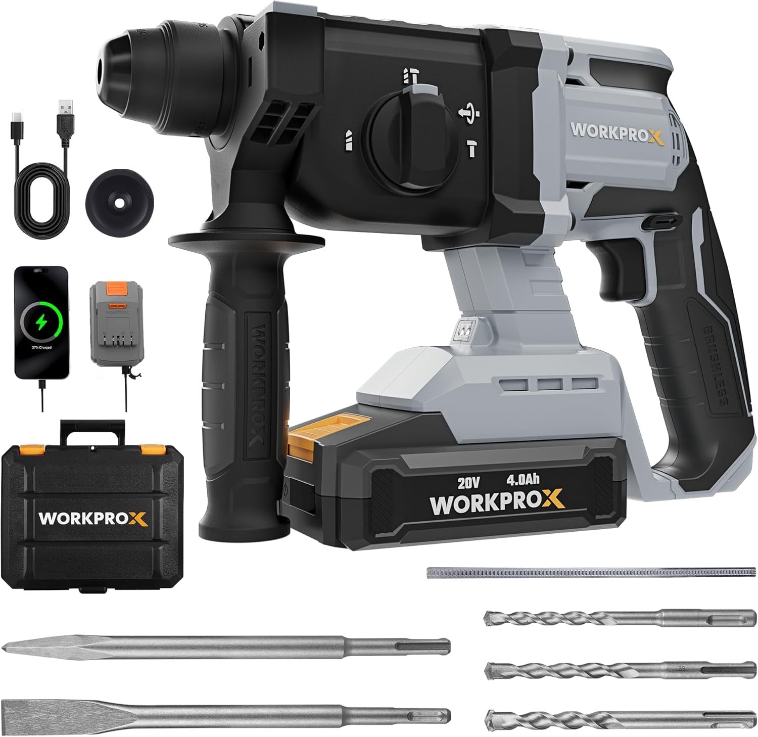 WORKPROX 20V Cordless Brushless Rotary Hammer Drill Kit 7/8" SDS-Plus