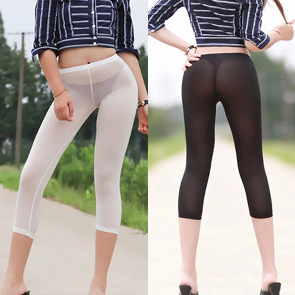 Women See-through Cropped Pants High-elastic Ice Silk