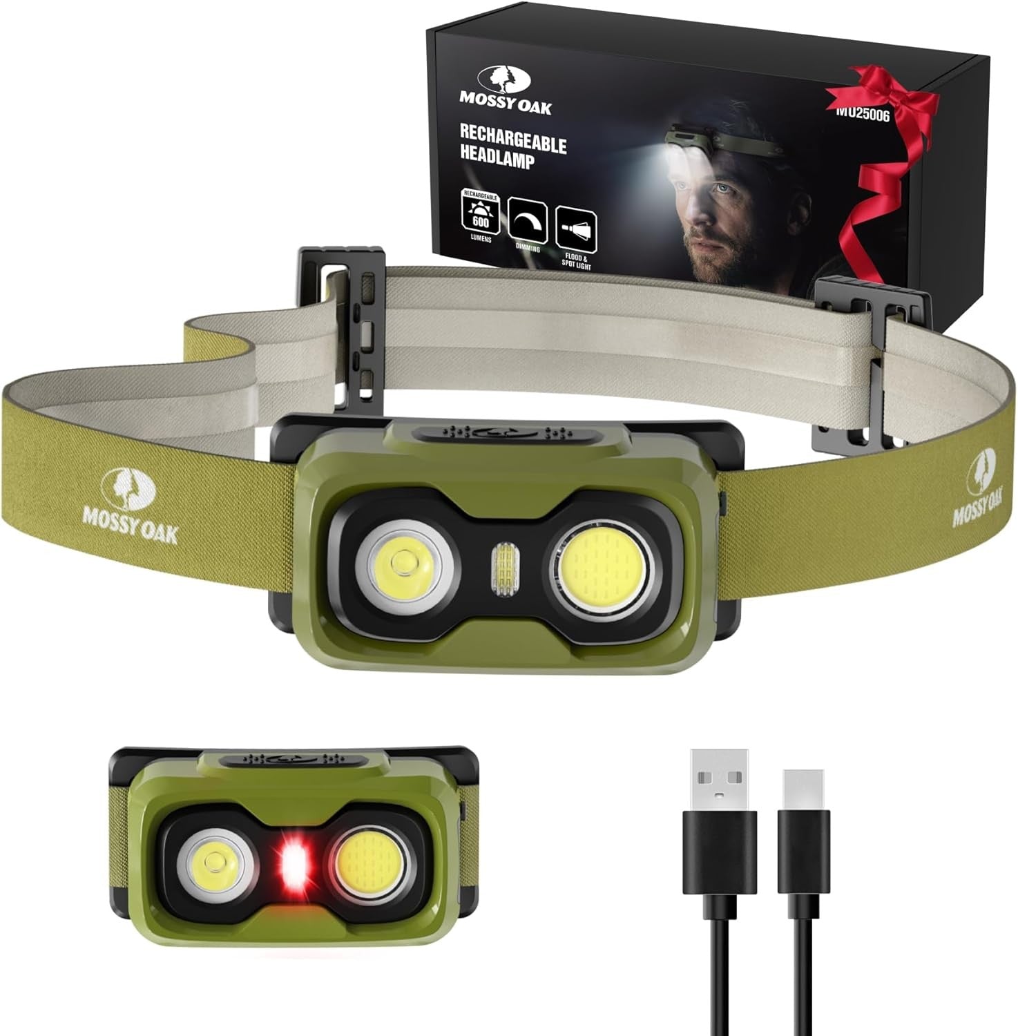 Mossy Oak 600 Lumens Rechargeable LED Headlamp Headlight With White &