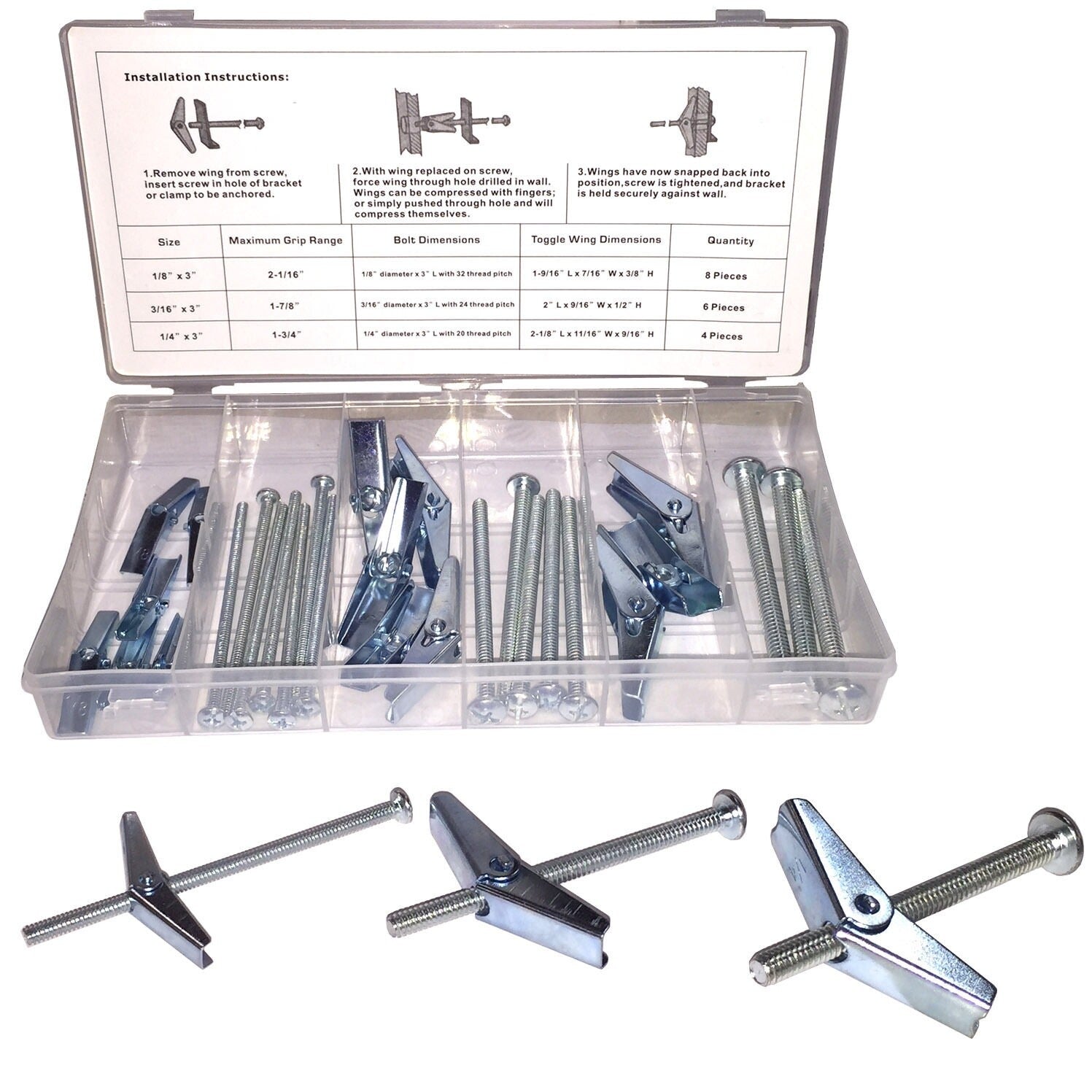 18PC Wing Toggle Bolt Assortment Snap open Action Zinc Plated Steel Construction