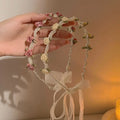 Beige Pink Boho Headband Featuring Pearls And Floral Accents Ribbon