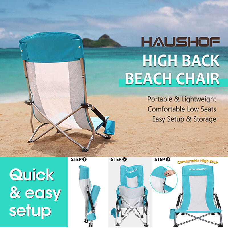 HAUSHOF High Back Beach Chair Mesh Back Folding Chair Low Seat Camping